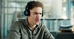 Creative, headphones and man with laptop in office, post production or listening to sound on website. Video editor, online and person with tech for content creation, audio and visual effects on app