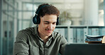 Headphones, computer and businessman in office with music for creative project with research. Laptop, audio tech and male magazine editor with playlist for article with publishing in workplace.