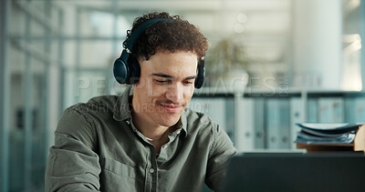 Buy stock photo Headphones, computer and businessman in office with music for creative project with research. Laptop, audio tech and male magazine editor with playlist for article with publishing in workplace.