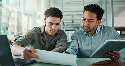 Buy stock photo Meeting, documents and business men on tablet for finance review, proposal and investment research. Corporate, teamwork and people with digital tech, paperwork and financial report for stock trading