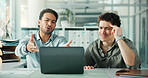 Men, team and stress with laptop at office, discussion or glitch with mistake at investment agency. People, trader and computer with collaboration, frustrated or shout with anger at financial company