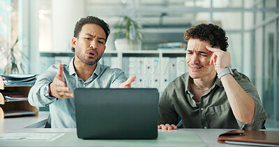 Buy stock photo Men, team and stress with laptop at office, discussion or glitch with mistake at investment agency. People, trader and computer for collaboration, frustrated or shout with anger at financial company