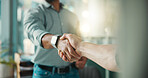 Shaking hands, job interview and recruitment with deal at office, onboarding and success at hr agency. Business people, handshake and welcome with hiring, human resources or opportunity at company