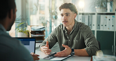 Buy stock photo Resume, job interview and business men in office for meeting, recruitment or finance vacancy. Discussion, paperwork and hr manager with candidate for hiring process with documents in workplace.