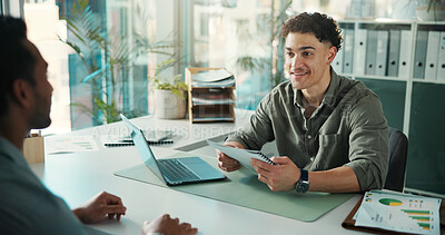 Buy stock photo Cv folder, job interview and business men in office for meeting, recruitment or finance vacancy. Discussion, paperwork and hr manager with candidate for hiring process with resume in workplace.