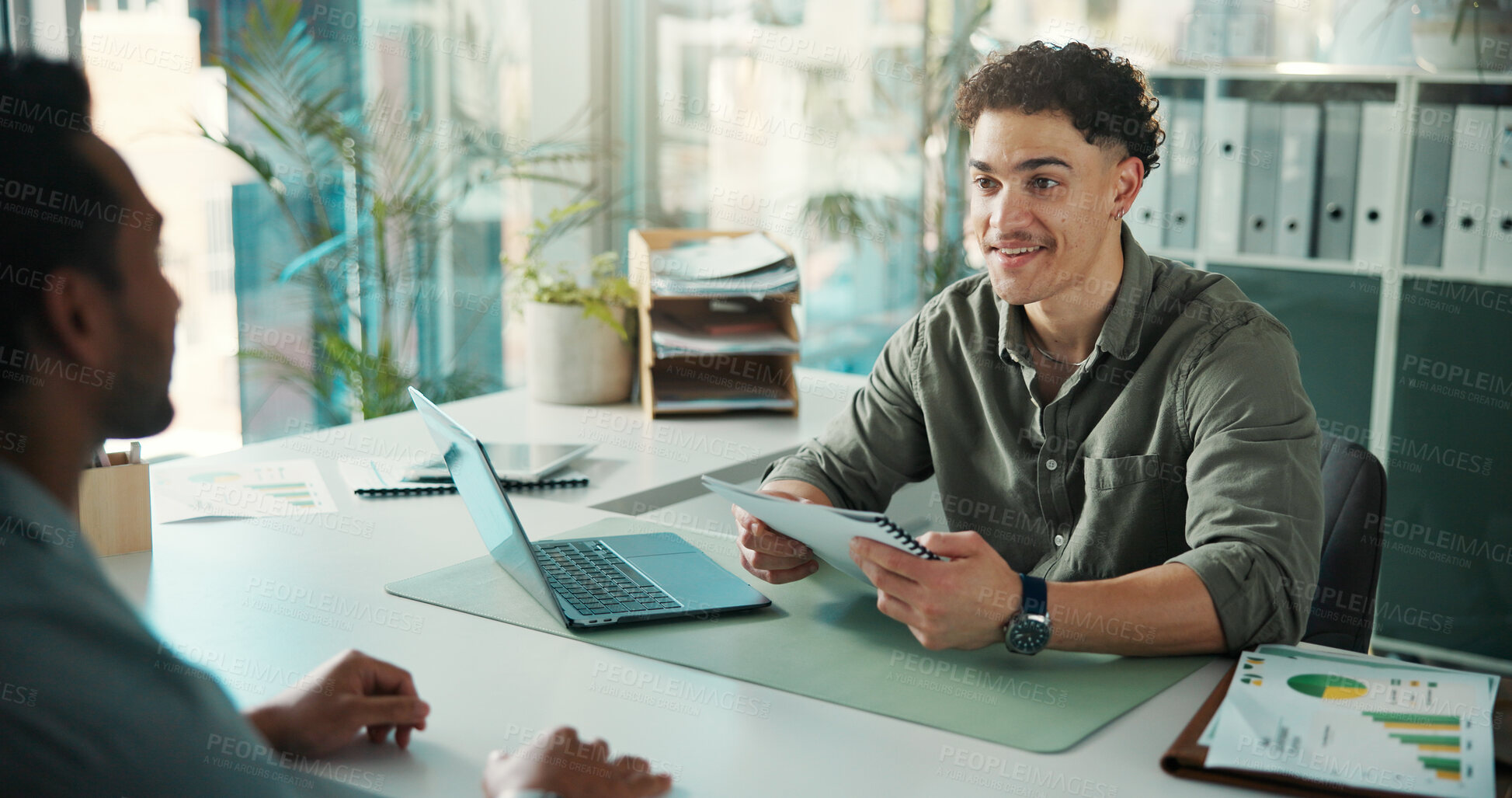 Buy stock photo Cv folder, job interview and business men in office for meeting, recruitment or finance vacancy. Discussion, paperwork and hr manager with candidate for hiring process with resume in workplace.