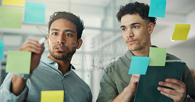 Buy stock photo Sticky notes, planning and business men in meeting for brainstorming, seo review and project agenda. Creative agency, startup and people on digital tech for research, schedule and ideas in office