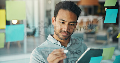 Buy stock photo Glass, writing and businessman on tablet for planning, brainstorming and project agenda. Creative agency, startup and person with notes on digital tech for research, strategy and ideas in office