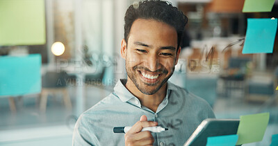 Buy stock photo Planning, happy and business man on tablet for brainstorming, seo report and project agenda. Creative agency, startup and person on digital tech for research, strategy and writing in glass office