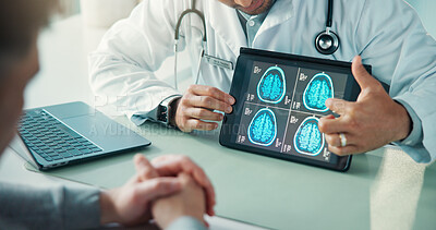 Buy stock photo Hands, tablet and brain scan with doctor, consultation and screen for diagnosis at hospital. People, patient and neuroscience with tech, application or ux with discussion for healthcare at clinic