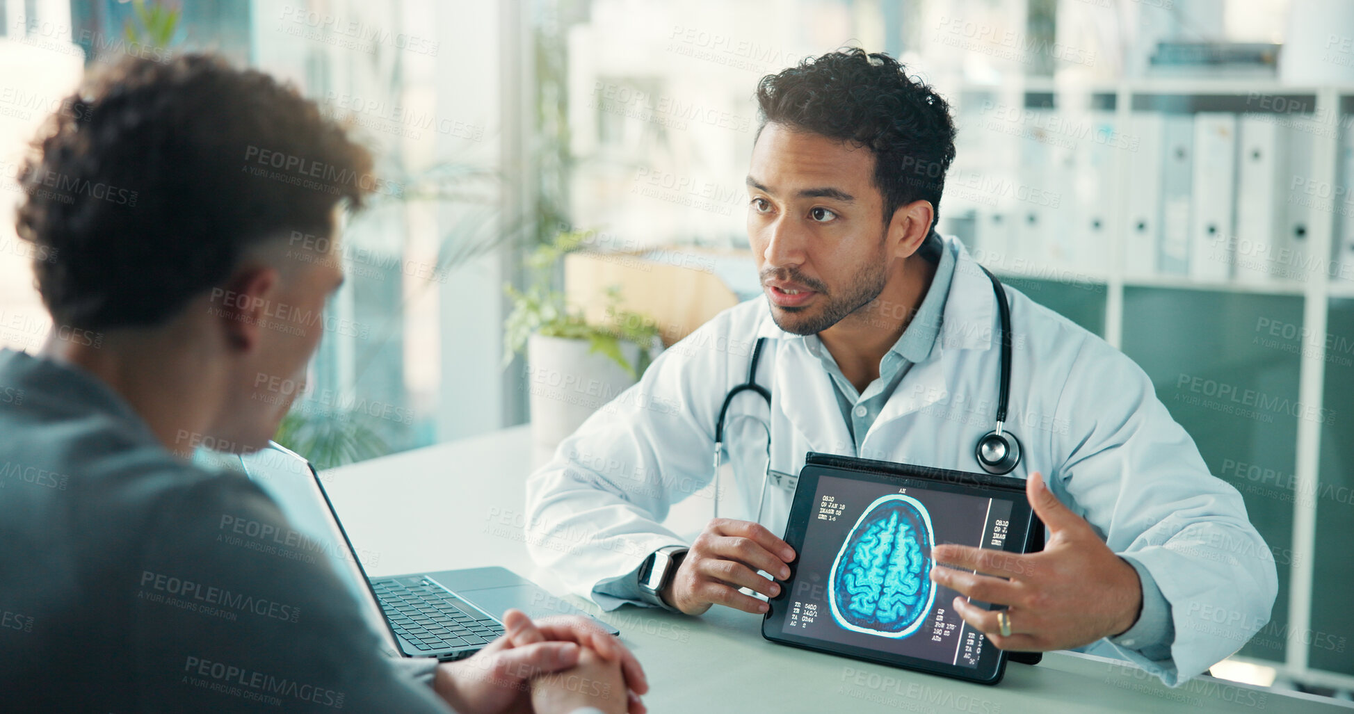 Buy stock photo Men, tablet and brain scan with doctor, patient and results with screen for diagnosis at hospital. People, consultation and neuroscience with tech, application or point with healthcare at clinic