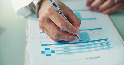 Buy stock photo Medical form, writing and hands of doctor in office with admin for healthcare insurance. Documents, pen and surgeon with person with application for surgery plan with patient information in hospital.