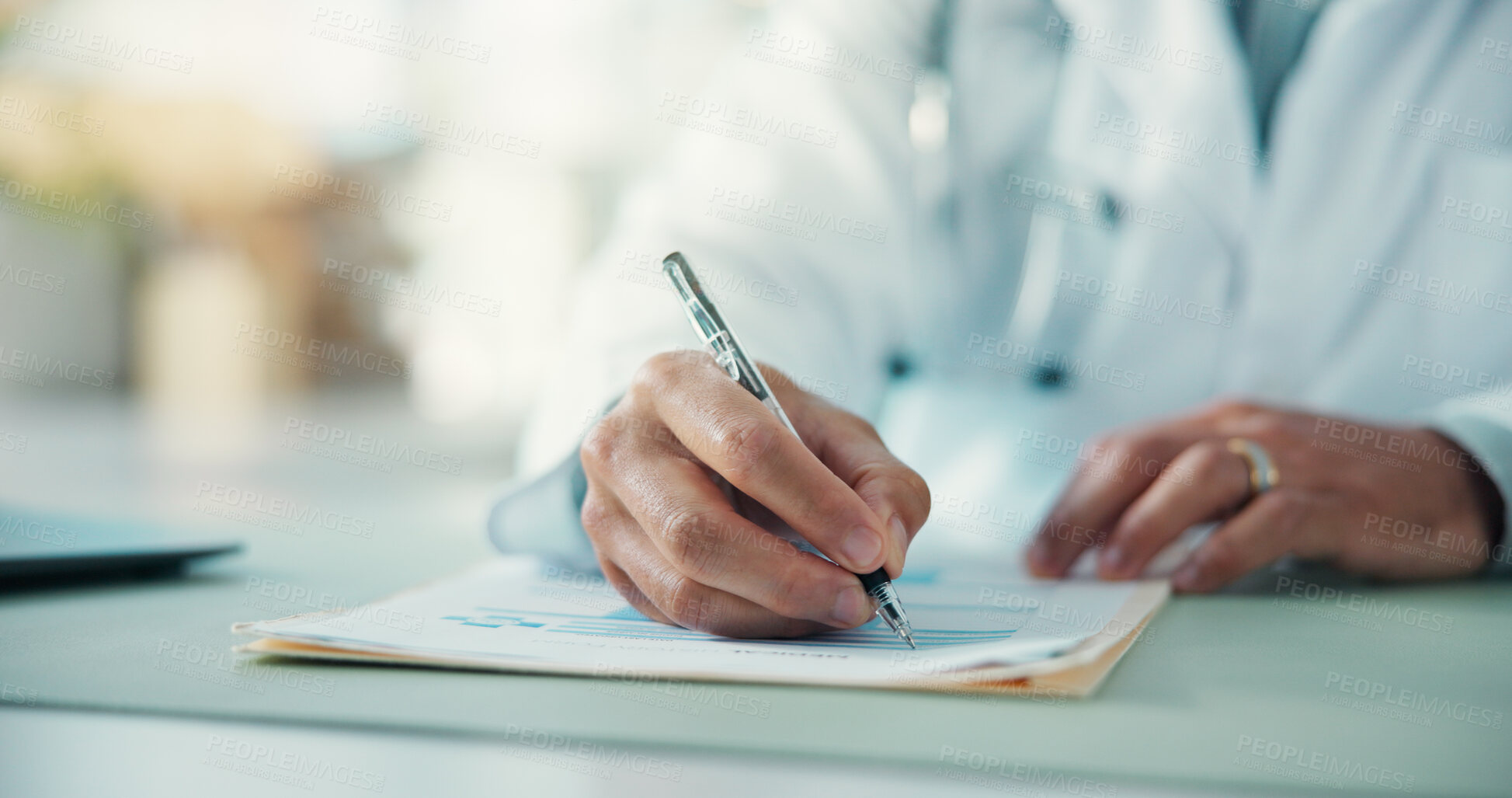 Buy stock photo Hands, doctor and writing prescription at hospital in office, documents and recommendation with advice. Person, medical professional and paperwork for medicine, report and administration at clinic