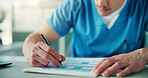 Form, writing and hands of nurse in office with admin for healthcare insurance in clinic. Documents, pen and Medical worker with application for surgery plan with information or history in hospital.