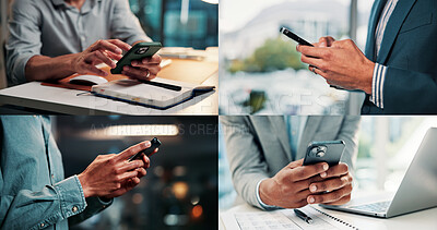 Buy stock photo Mobile, collage and hands of business people typing, communication or networking on social media. Phone, montage and different professionals with internet, text message or check notification online