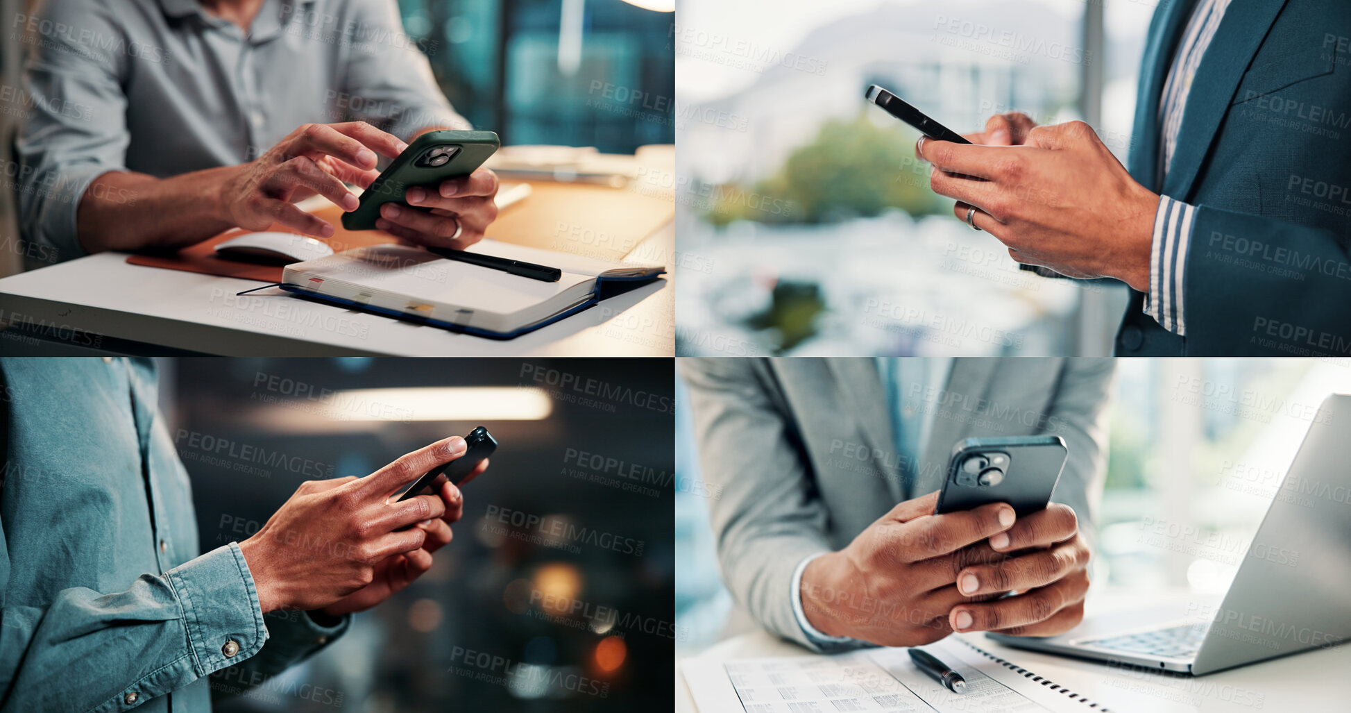 Buy stock photo Mobile, collage and hands of business people typing, communication or networking on social media. Phone, montage and different professionals with internet, text message or check notification online