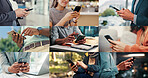 Phone, collage and hands of business people typing, communication or networking on social media. Mobile, montage and different professionals with internet, text message or check notification online