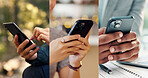 Phone, collage and hands of people with app, business communication or social media with bokeh. Mobile, montage and different professionals with internet, text message or check notification online
