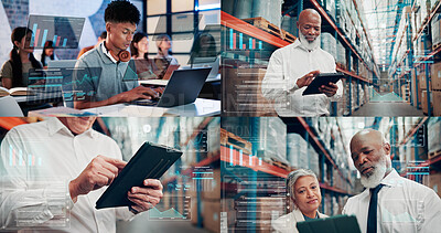 Buy stock photo Collage, people and data on tech for logistics, track stock turnover and inventory metrics. Employees, digital and graph overlay for supply chain, cryptocurrency charts and stats increase for sales