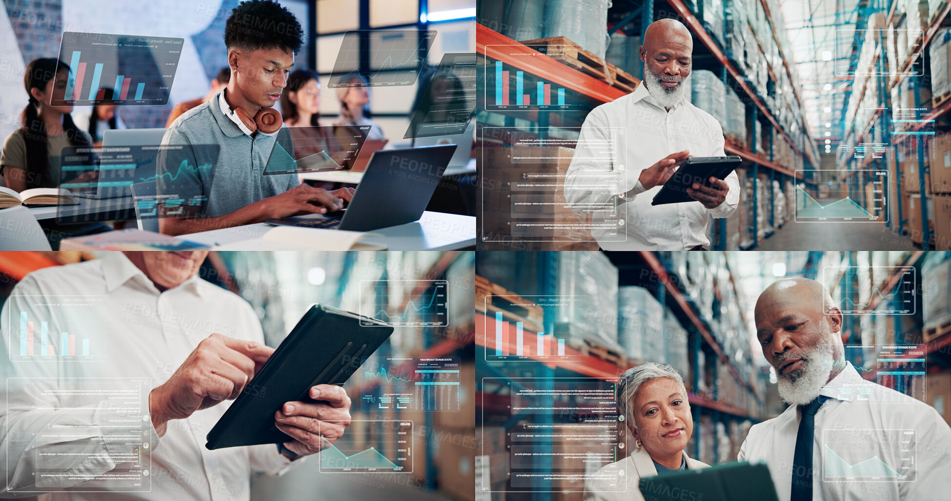 Buy stock photo Collage, people and data on tech for logistics, track stock turnover and inventory metrics. Employees, digital and graph overlay for supply chain, cryptocurrency charts and stats increase for sales