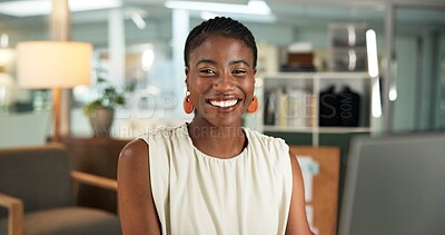 Buy stock photo Journalist, portrait and black woman in office, smile and career ambition with copywriting. African person, creative writer and freelancer in workplace, happiness and editor for magazine publication