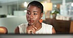 Computer, black woman or thinking in office, review policy or verify application for insurance agency. Investigate claim, liability perspective or risk manager with screening for client, pc or audit