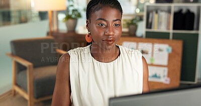 Buy stock photo Computer, black woman or reading in office, review policy or verify application for insurance agency. Investigate claim, assessment report or risk manager with screening for new client, pc or audit