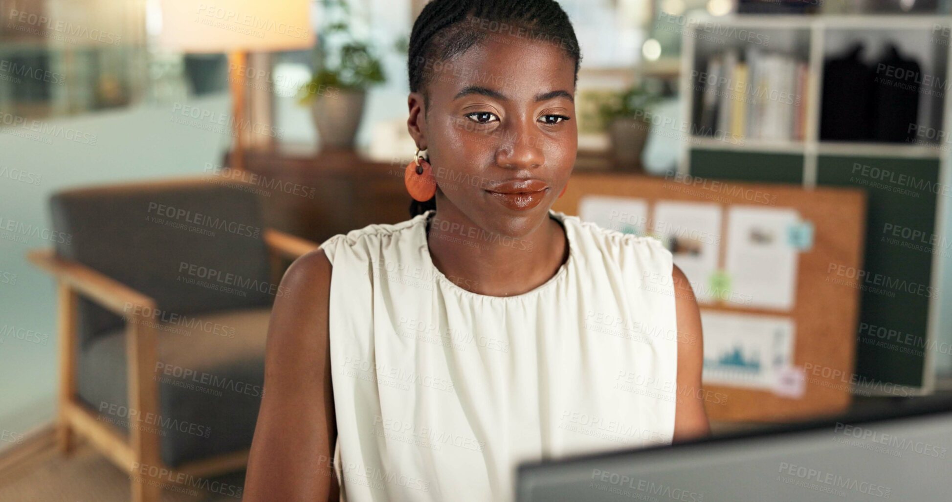 Buy stock photo Computer, black woman or reading in office, review policy or verify application for insurance agency. Investigate claim, assessment report or risk manager with screening for new client, pc or audit