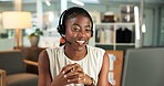 Computer, call center and talk with business black woman in office for customer support, advisor and contact. Virtual consultant, help desk and advice with person in crm agency for hotline agent