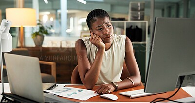 Buy stock photo Business, trading and black woman with computer, fatigue and exhausted with deadline for audit. African person, pc and investor in office, overwhelmed and tired with burnout, email and brain fog