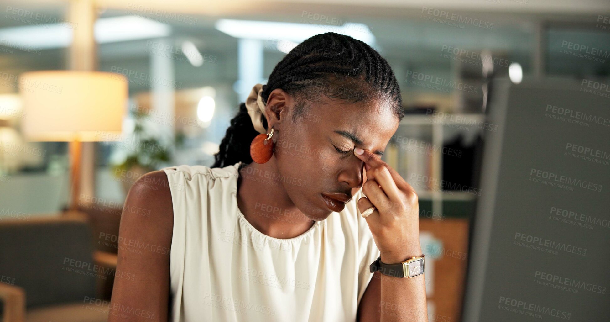 Buy stock photo Computer, business woman and headache in office from article stress, deadline pressure and burnout. Journalist, black person and migraine at media agency from submission mistake or brain fog at night