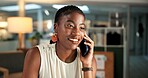 Phone call, smile and consulting with black woman for editor feedback, project review and chat. Online campaign advice, contact and proposal with business person in media agency for discussion
