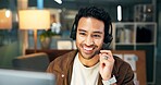 Night, headset or man with computer for customer service, help desk contact or troubleshooting advice. Speaking, late tech support or happy virtual assistant with instructions, hotline or solution