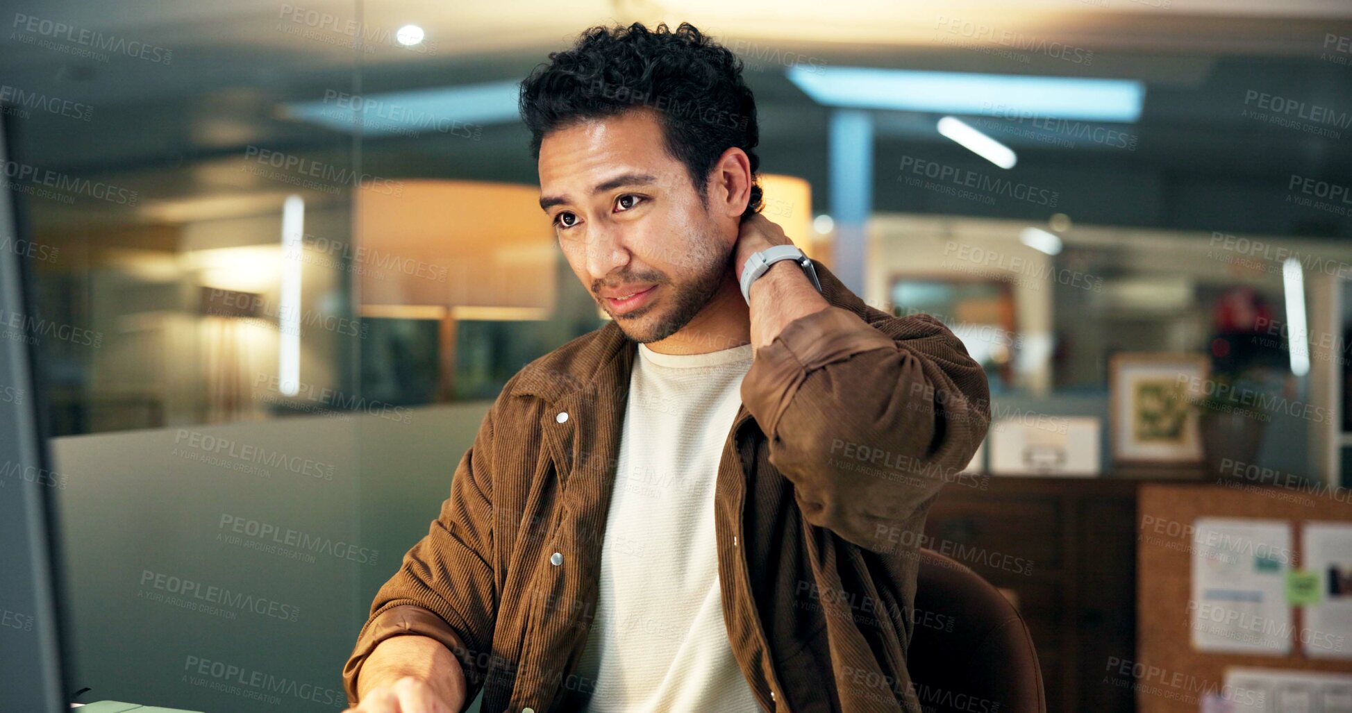 Buy stock photo Computer, business man and neck pain in office from poor posture, deadline pressure or discomfort. Night, employee and tech with muscle tension at desk from project burnout, fatigue and joint strain