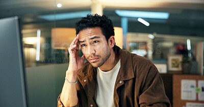 Buy stock photo Man, night and headache at computer for business, workload pressure and mistake in article. Journalist, stress and tech on office with research deadline, creative brain fog and fatigue with migraine