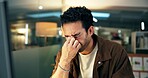 Computer, business man and headache at night from article stress, deadline pressure and fatigue. Journalist, person and tension migraine at media agency from publication mistake, brain fog or burnout