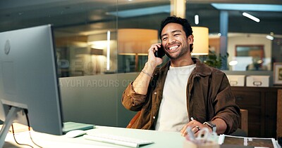 Buy stock photo Phone call, smile and consulting with man for editor feedback, project review and creative chat. Online campaign advice, contact and proposal with business person in media agency for discussion