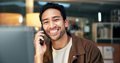 Buy stock photo Phone call, smile and discussion with man for editor feedback, project review and creative chat. Online campaign advice, contact and proposal with business person in media agency for consulting