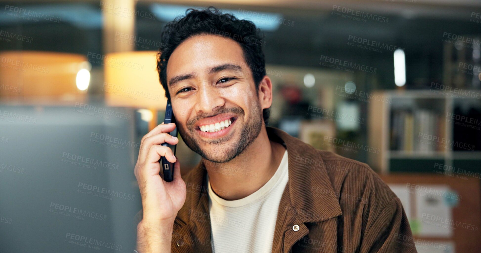 Buy stock photo Phone call, smile and discussion with man for editor feedback, project review and creative chat. Online campaign advice, contact and proposal with business person in media agency for consulting