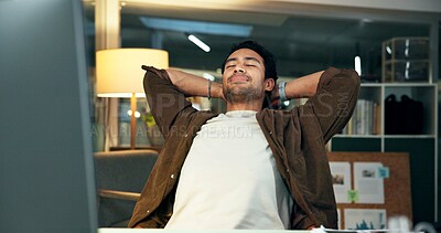 Buy stock photo Night, man and stretching in office with computer, fatigue and finish news report for productive day. Late, writer and person relax in workplace with desktop, article submission and complete project.