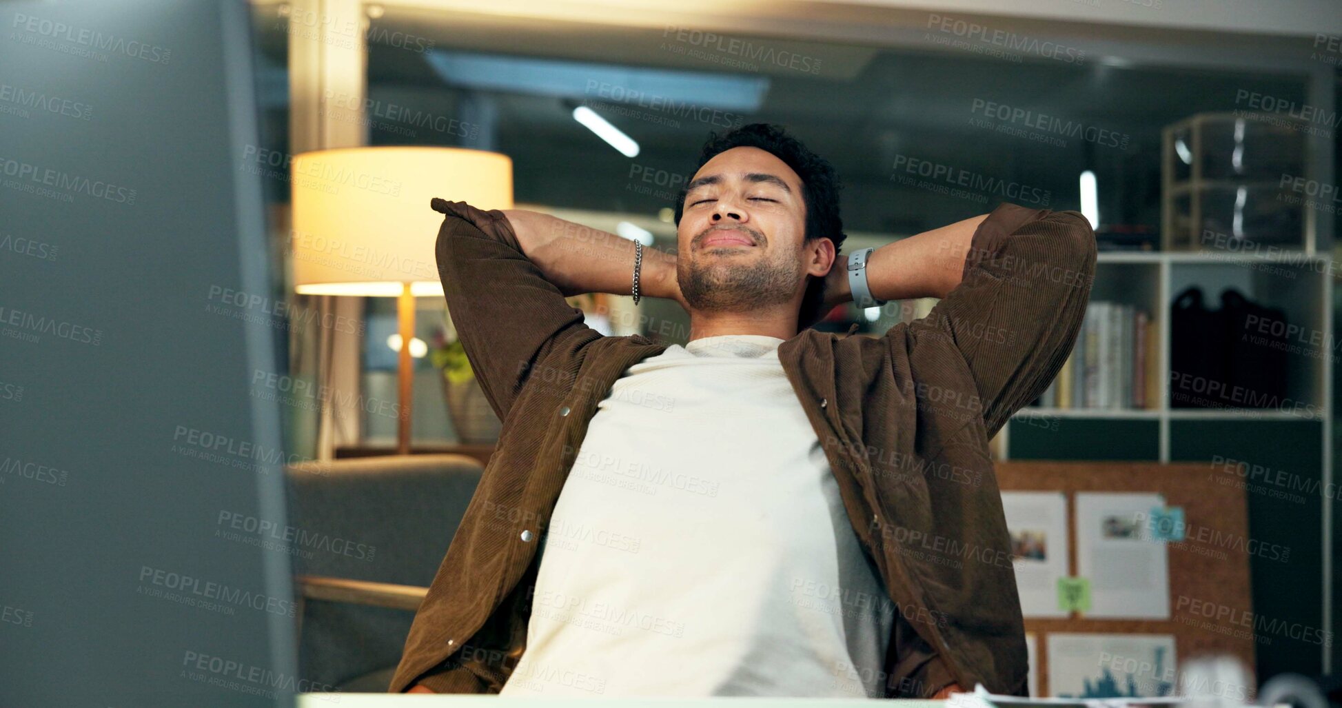 Buy stock photo Night, man and stretching in office with computer, fatigue and finish news report for productive day. Late, writer and person relax in workplace with desktop, article submission and complete project.