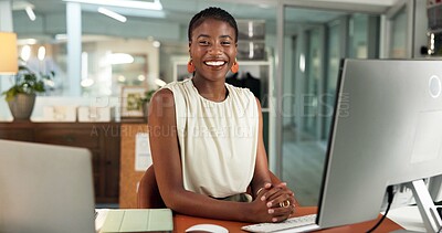 Buy stock photo Journalist, portrait and black woman in office, happiness and career ambition with copywriting. African person, creative writer or freelancer in workplace, computer or editor for magazine publication