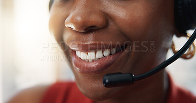Buy stock photo Happy woman, consultant and mouth with headset for CRM, communication or online advice. Closeup, female person or friendly agent with mic for virtual assistance, help or telemarketing in call center