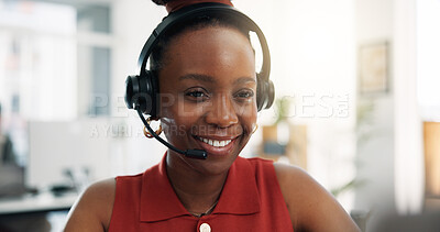 Buy stock photo Happy, black woman or consultant with headset for CRM, communication or online advice in office. Female person, friendly agent or smile with mic for virtual assistance or web help in call center