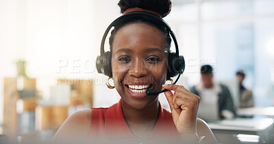 Buy stock photo Happy woman, portrait and agent with headset for CRM, communication or online advice in office. Female person, friendly consultant or smile with mic for virtual assistance or help in call center