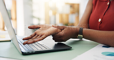 Buy stock photo Hands, wrist pain and laptop with carpal tunnel at office, injury and muscle strain at media company. Person, computer and joint ache with fatigue, burnout and project management at creative agency