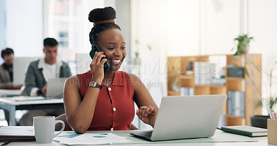 Buy stock photo Phone call, happy and businesswoman with laptop in office with communication for finance feedback. Cellphone, contact and financial manager on mobile discussion with computer for investment deal.