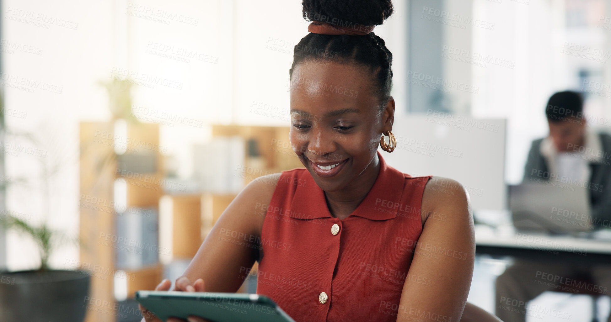 Buy stock photo Creative, woman and reading with tablet in office for research, editing draft and fact checking. Person, coworking and digital with editor feedback, proofreading article and story headline at agency