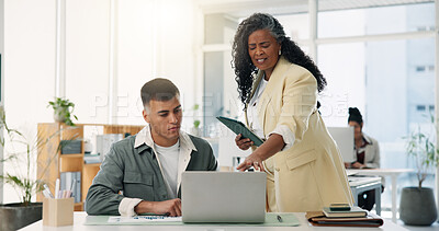 Buy stock photo Collaboration, laptop and report with designer people at desk in office for feedback or help. Design, review and tablet with employee team in creative workplace together for project management