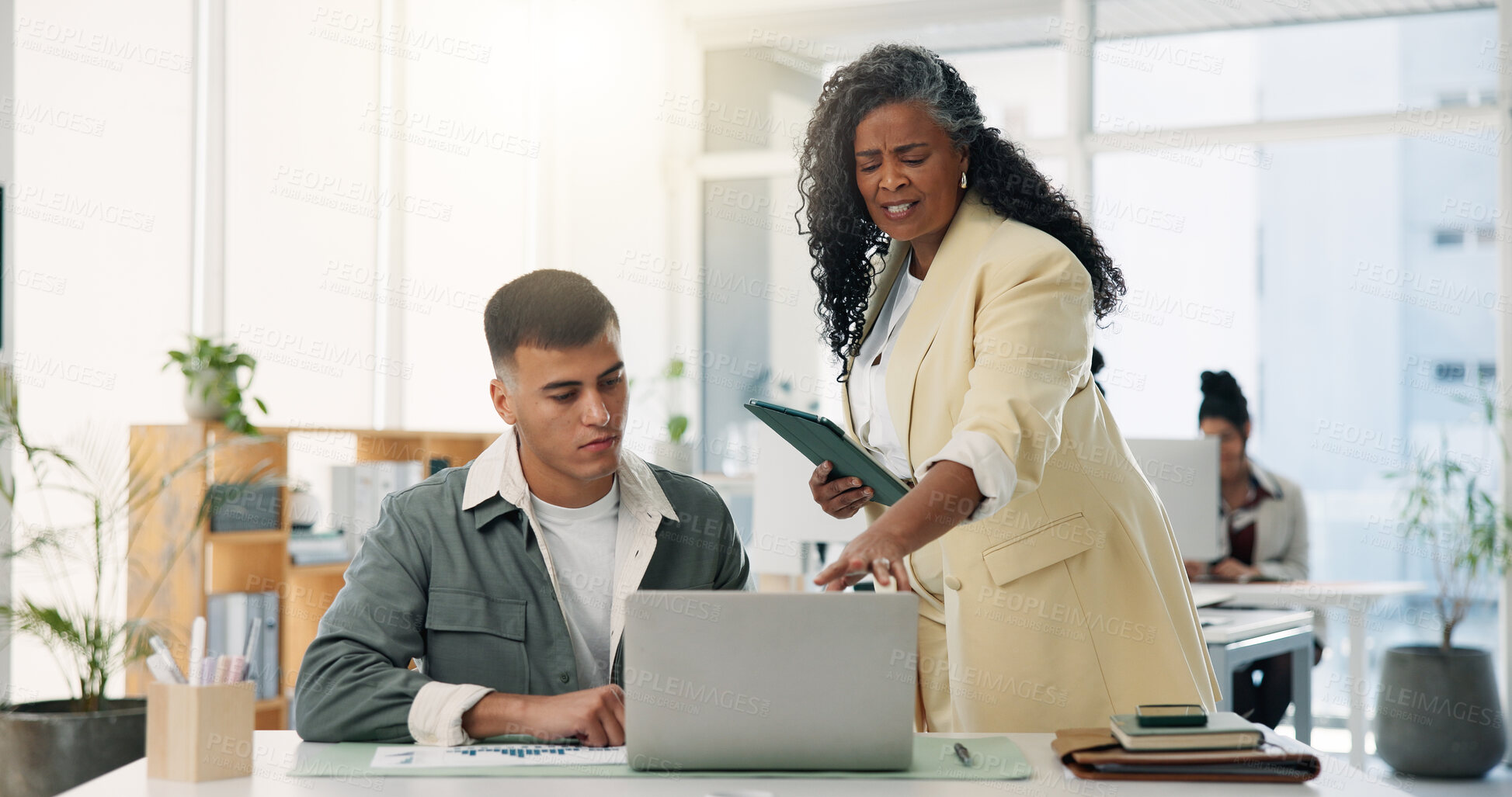 Buy stock photo Collaboration, laptop and report with designer people at desk in office for feedback or help. Design, review and tablet with employee team in creative workplace together for project management